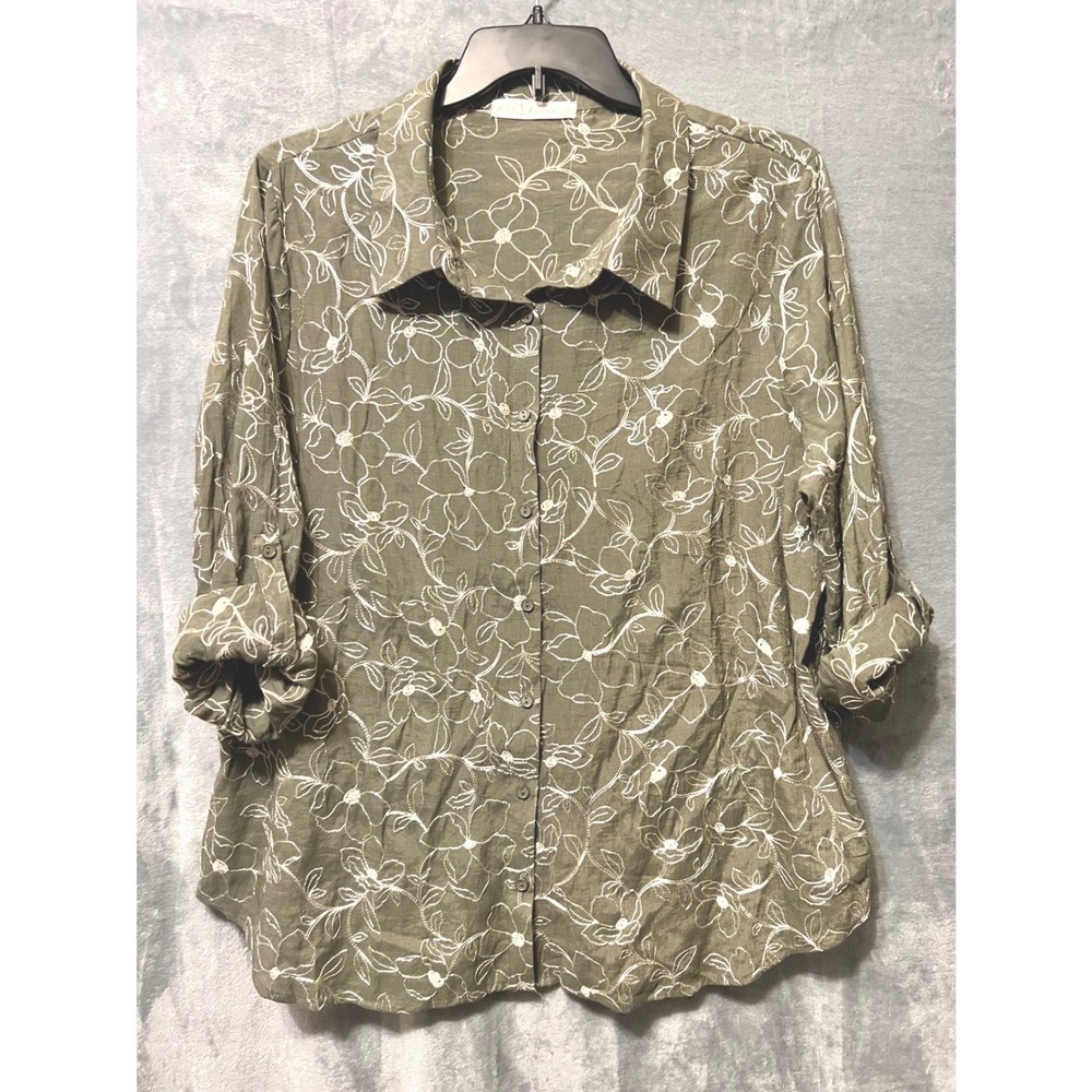 Fair Haven Floral Button Blouse 2XL Green Rayon Boho Casual Lightweight